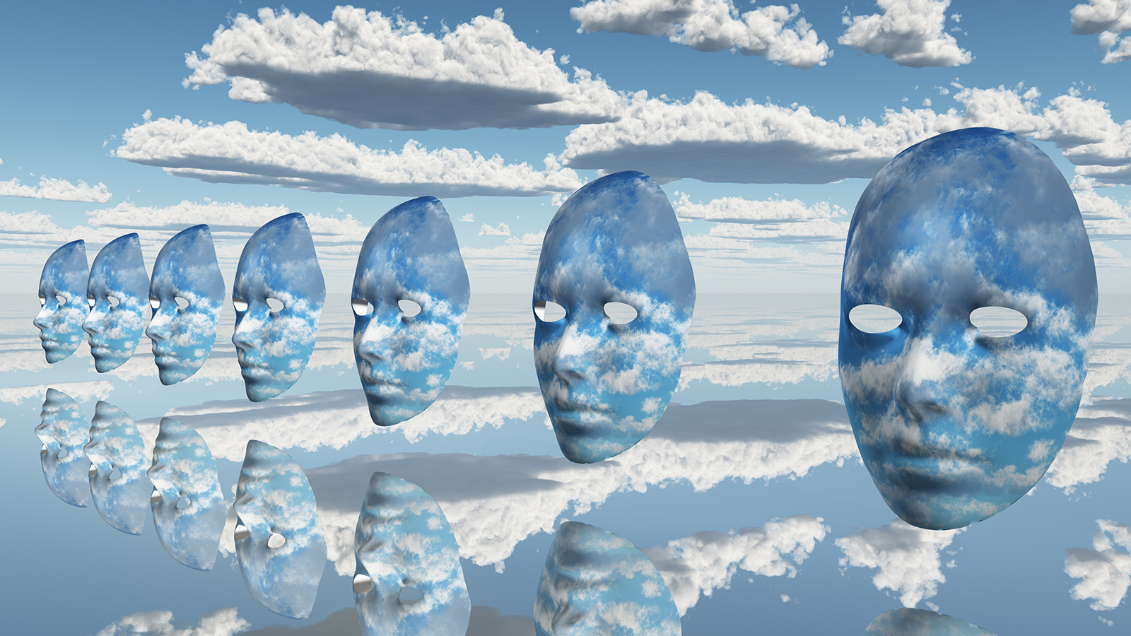 Image is a digitally rendered blue sky with white clouds as the background to a series of human masks coloured with blue sky and white clouds