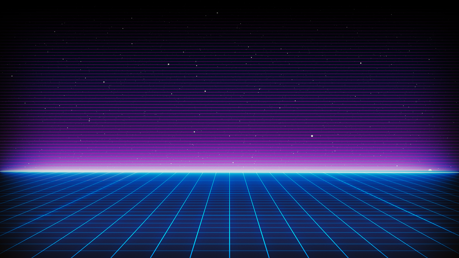 Image is a digitally rendered space with a dark blue gridded floor and purple light above the horizon
