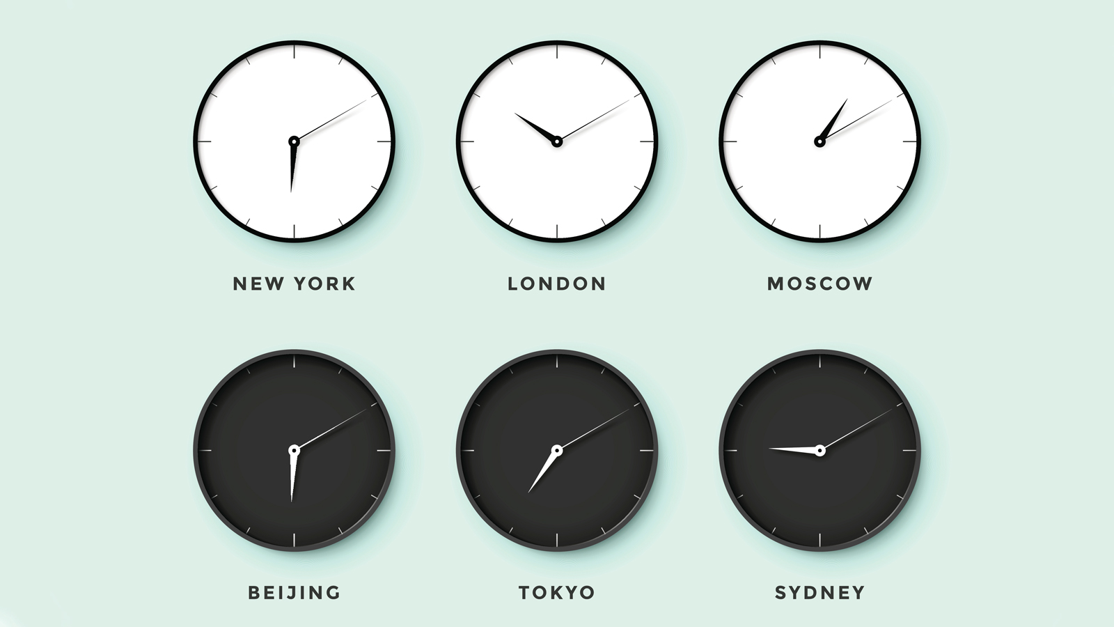 Image is a series of clock faces with the time of Cities from around the world