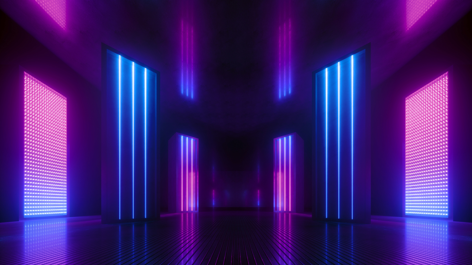Image is a series of symmetrical blue and pink light panels with a dark stage floor
