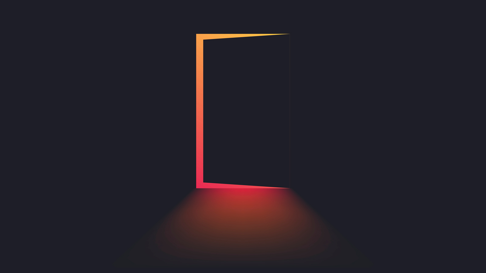 Image is a very dark room and a door ajar revealing pink and yellow light