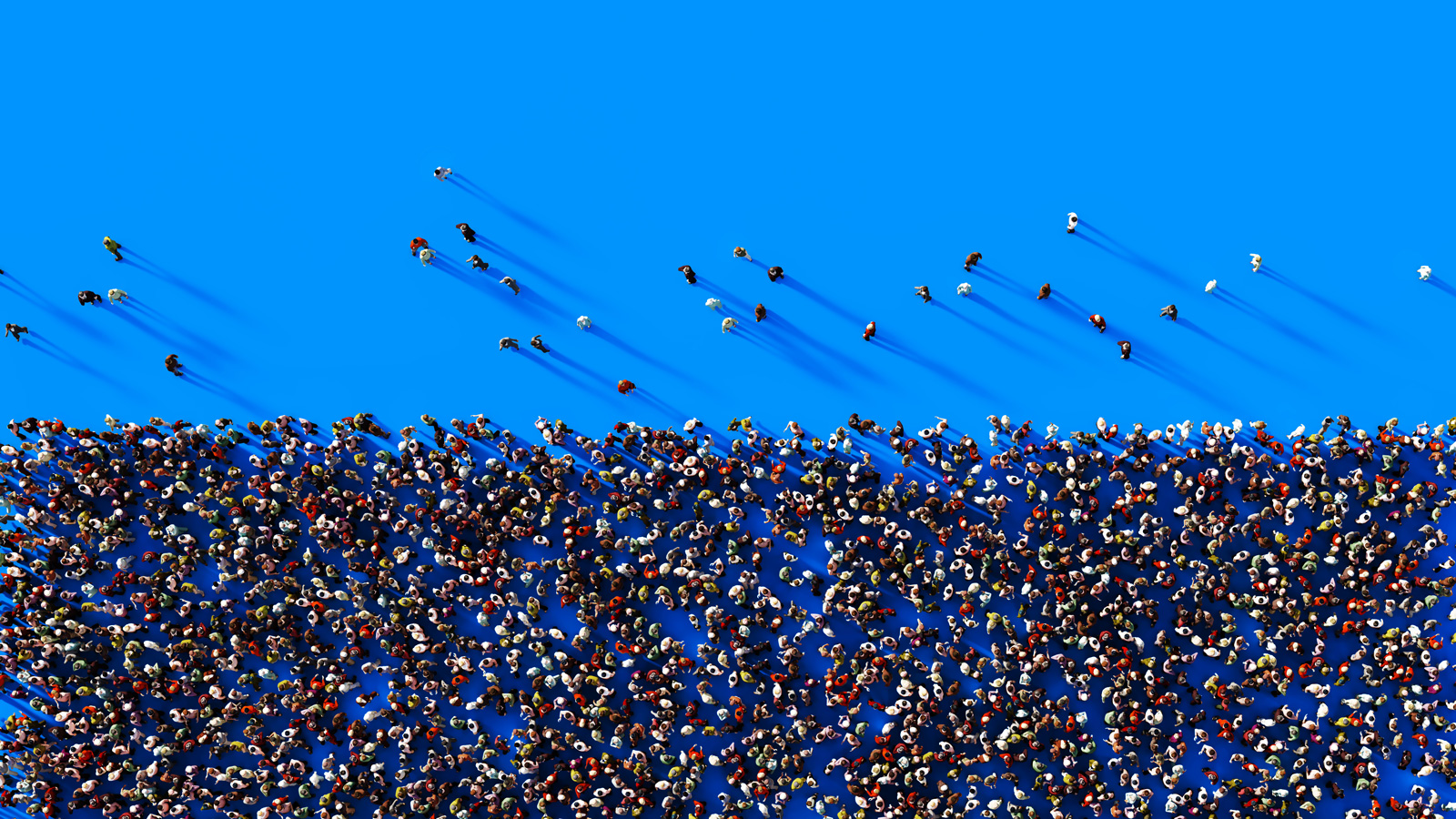 Image is a vibrant blue arial shot with colourful dots in the bottom half of the image