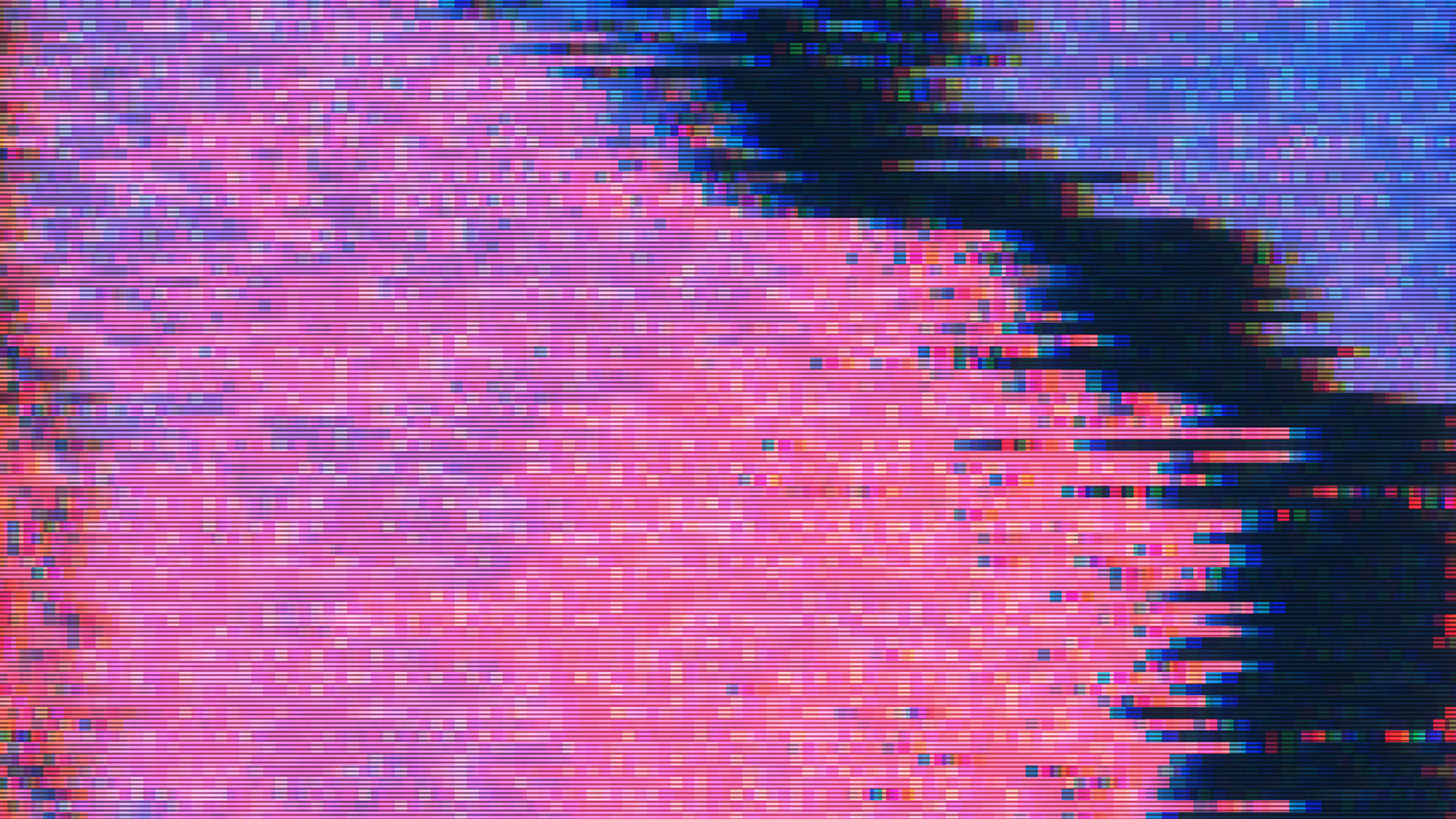 Image is colourful television static with pink, black and purple bleeding into one another