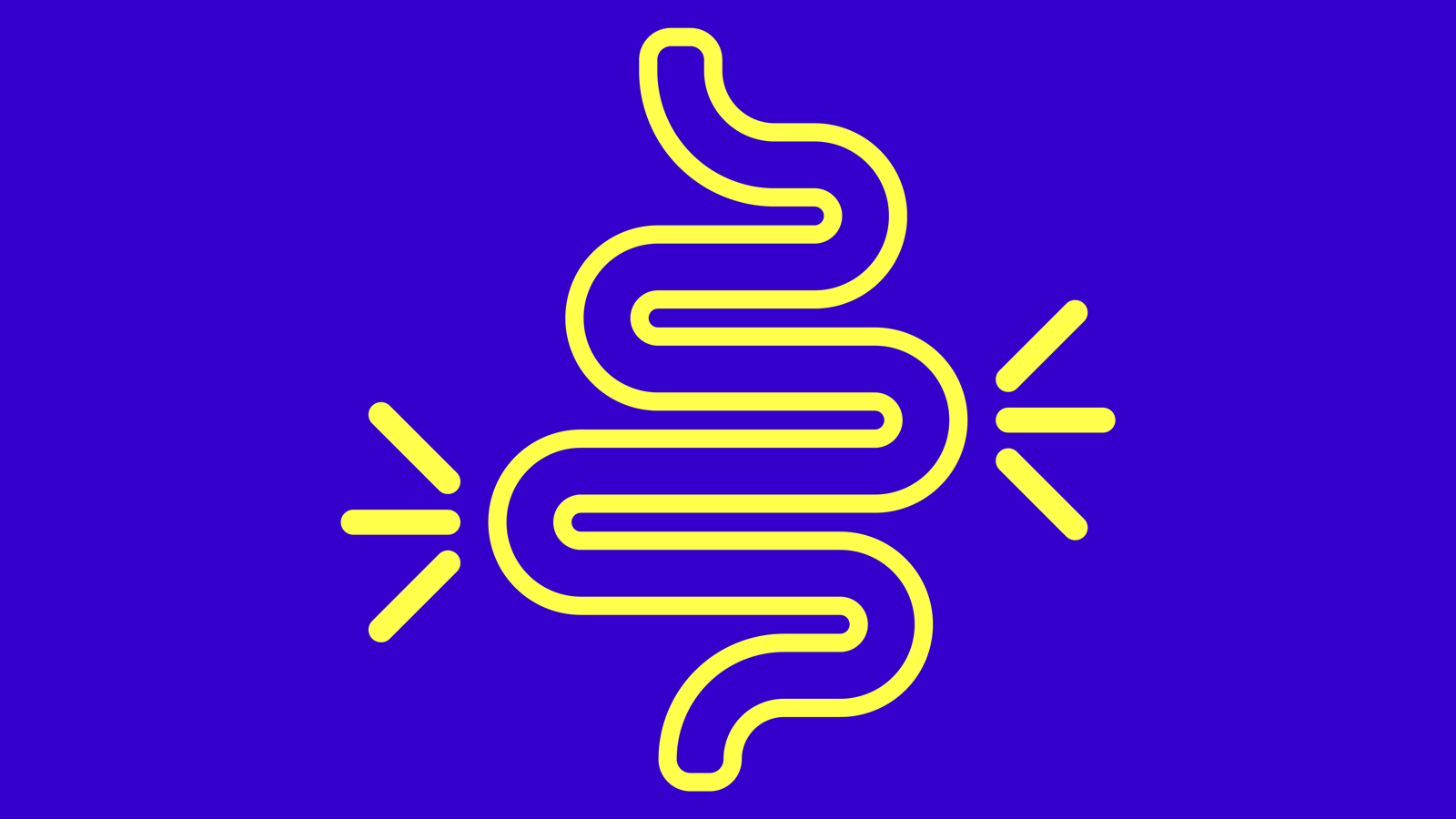 Image of bright blue background with yellow graphic of intestines shape over the top