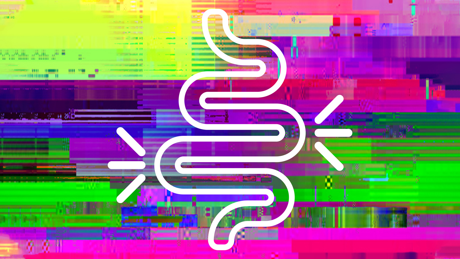 Image of bright, multicoloured television static as background with white graphic of intestines shape over the top