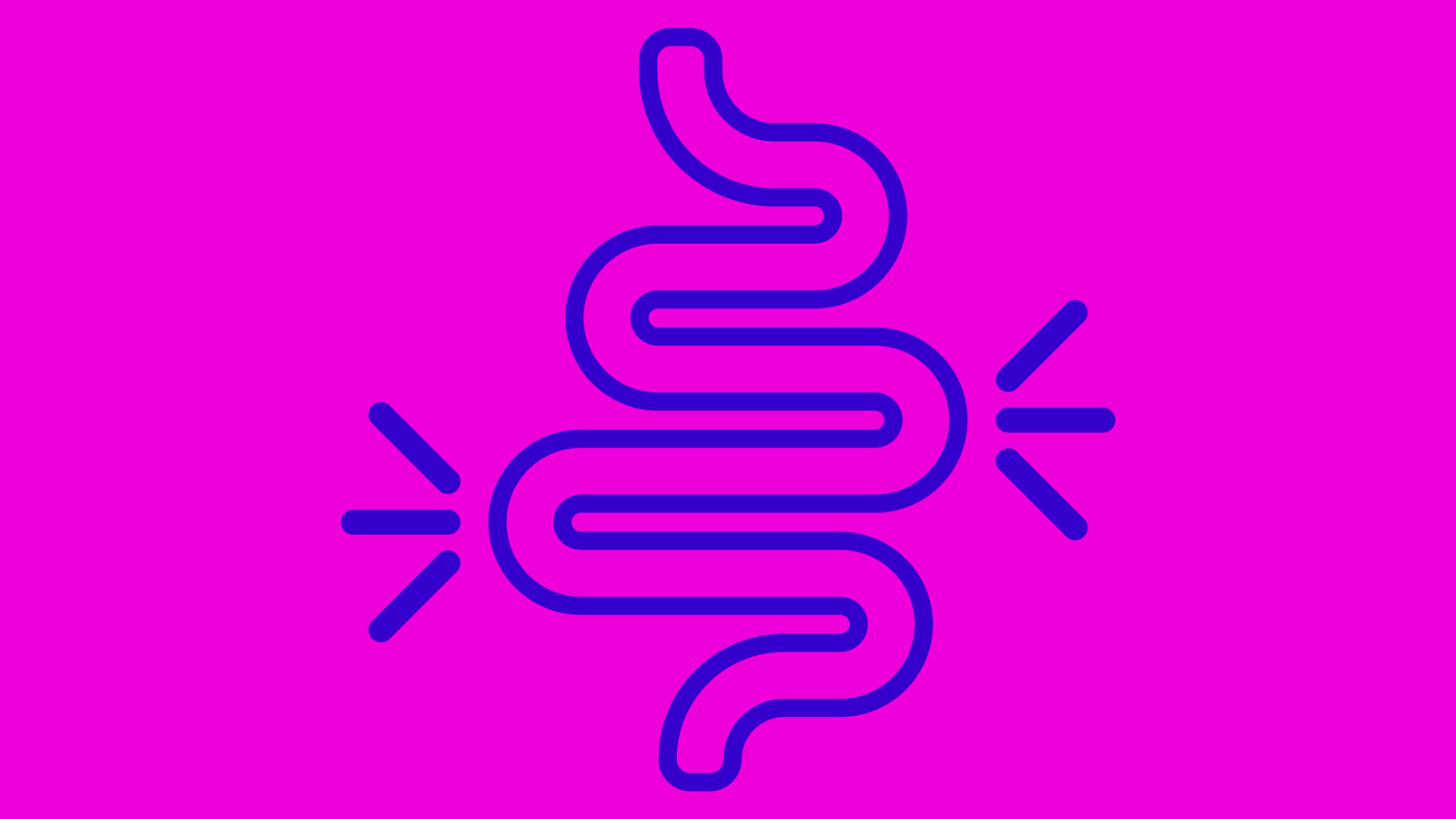 Image of bright pink background with blue graphic of intestines shape over the top