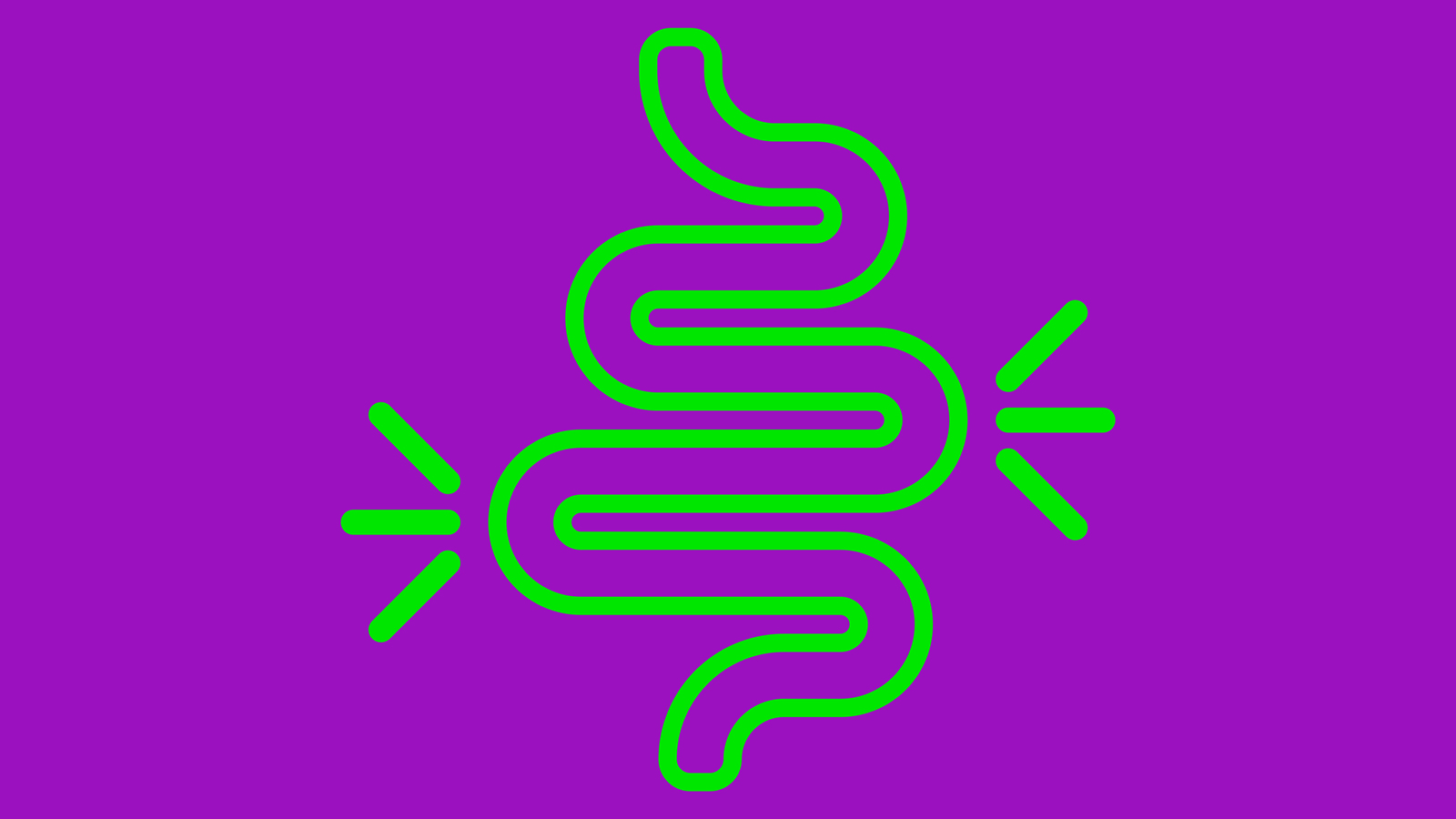 Image of bright purple background with green graphic of intestines shape over the top