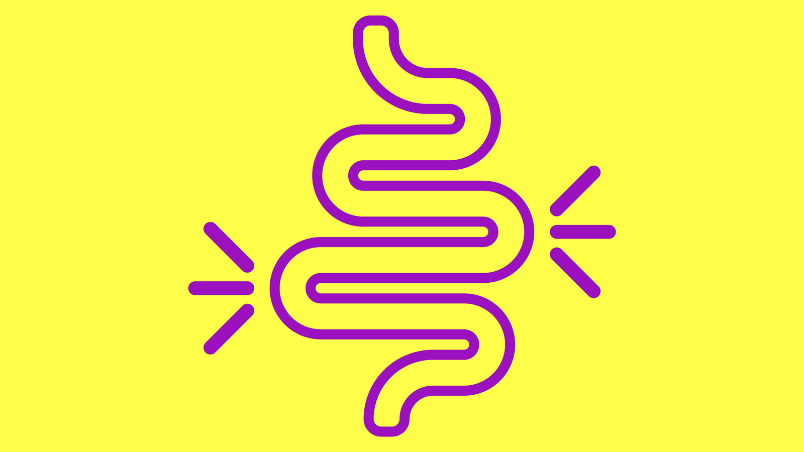 Image of bright yellow background with pink graphic of intestines shape over the top