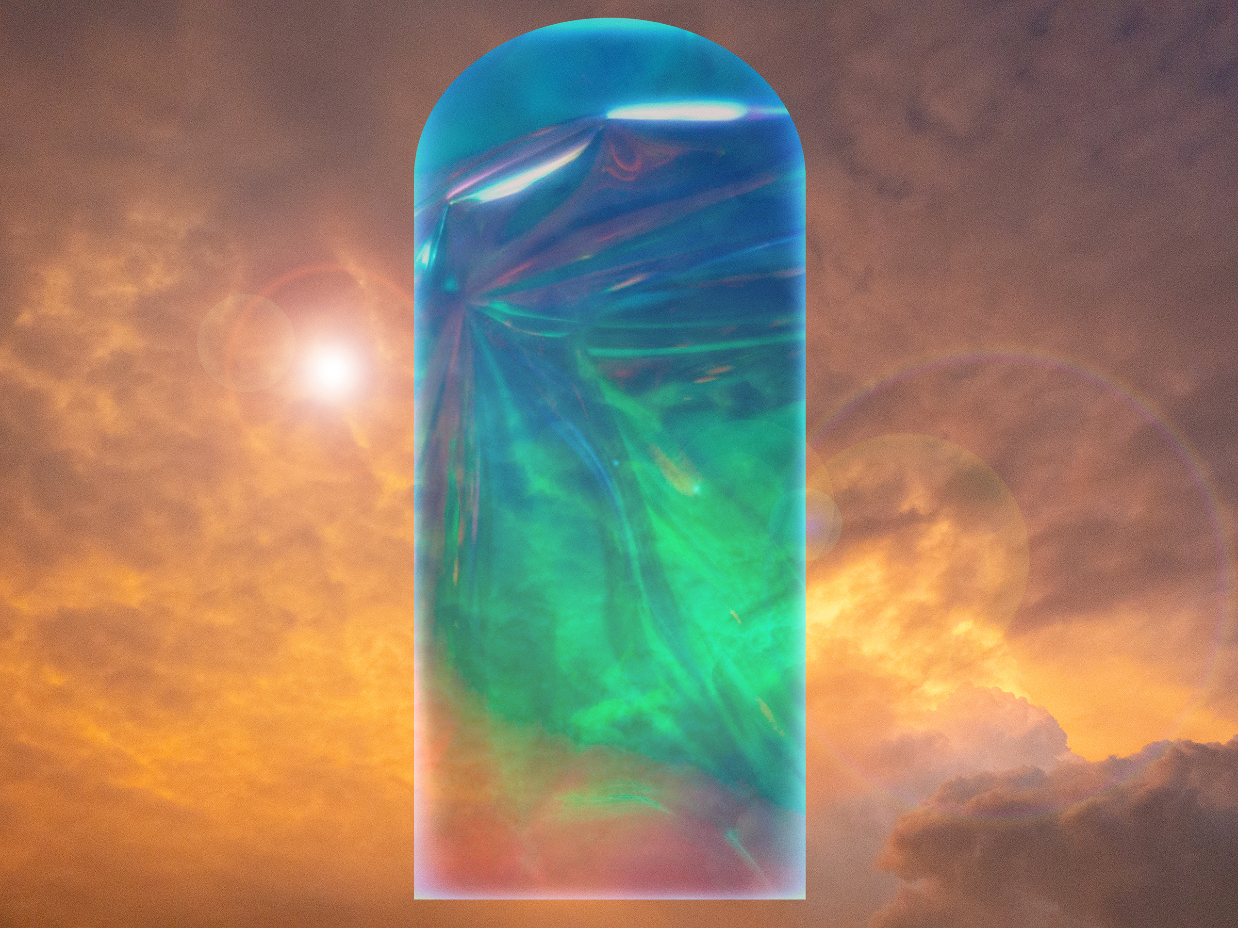 Background image of orange and grey clouds during a stormy sunset overlaid with lens flares. Floating in the foreground is a reflective, textured blue and turquoise elongated arch.