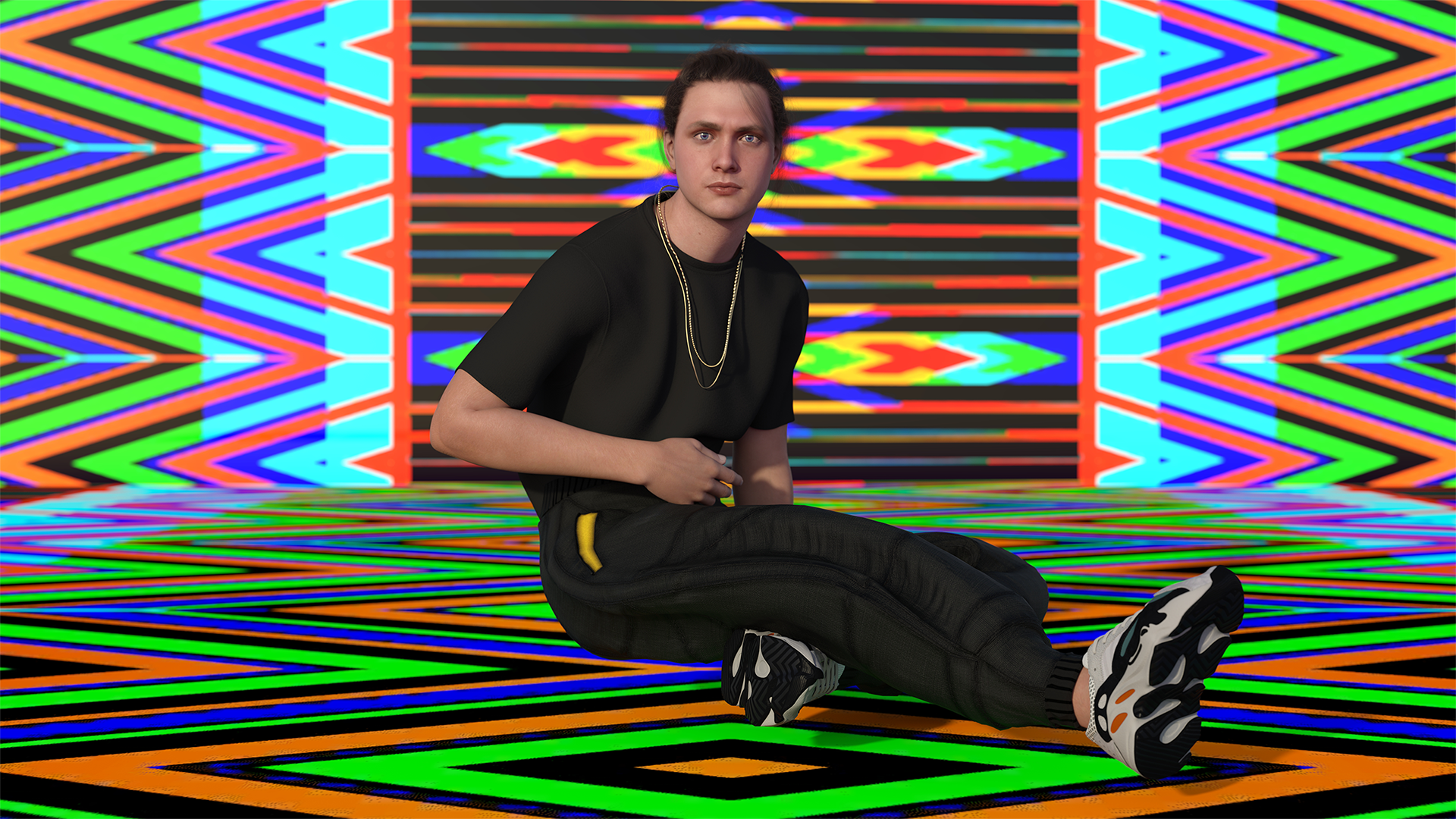 A bright colourful graphic image of a person with long straight hair pulled back sitting on the floor with multi coloured projections behind them
