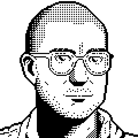 a digital pixelated glitchy gif or a black and white drawn image of an artists face wearing glasses with littel hair and blinking