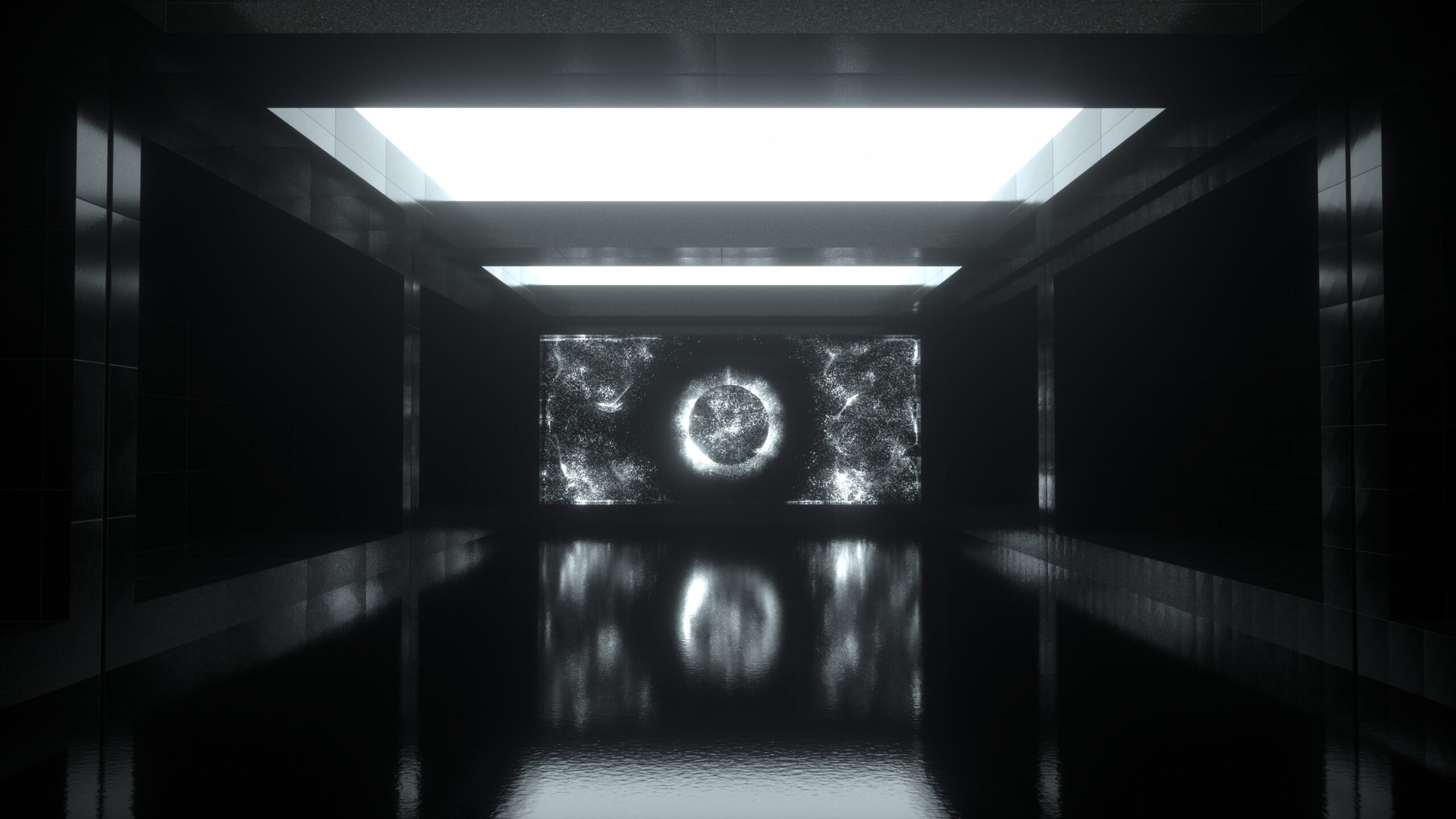 a dark room with a big screen in black and white with a burning sphere in the middle