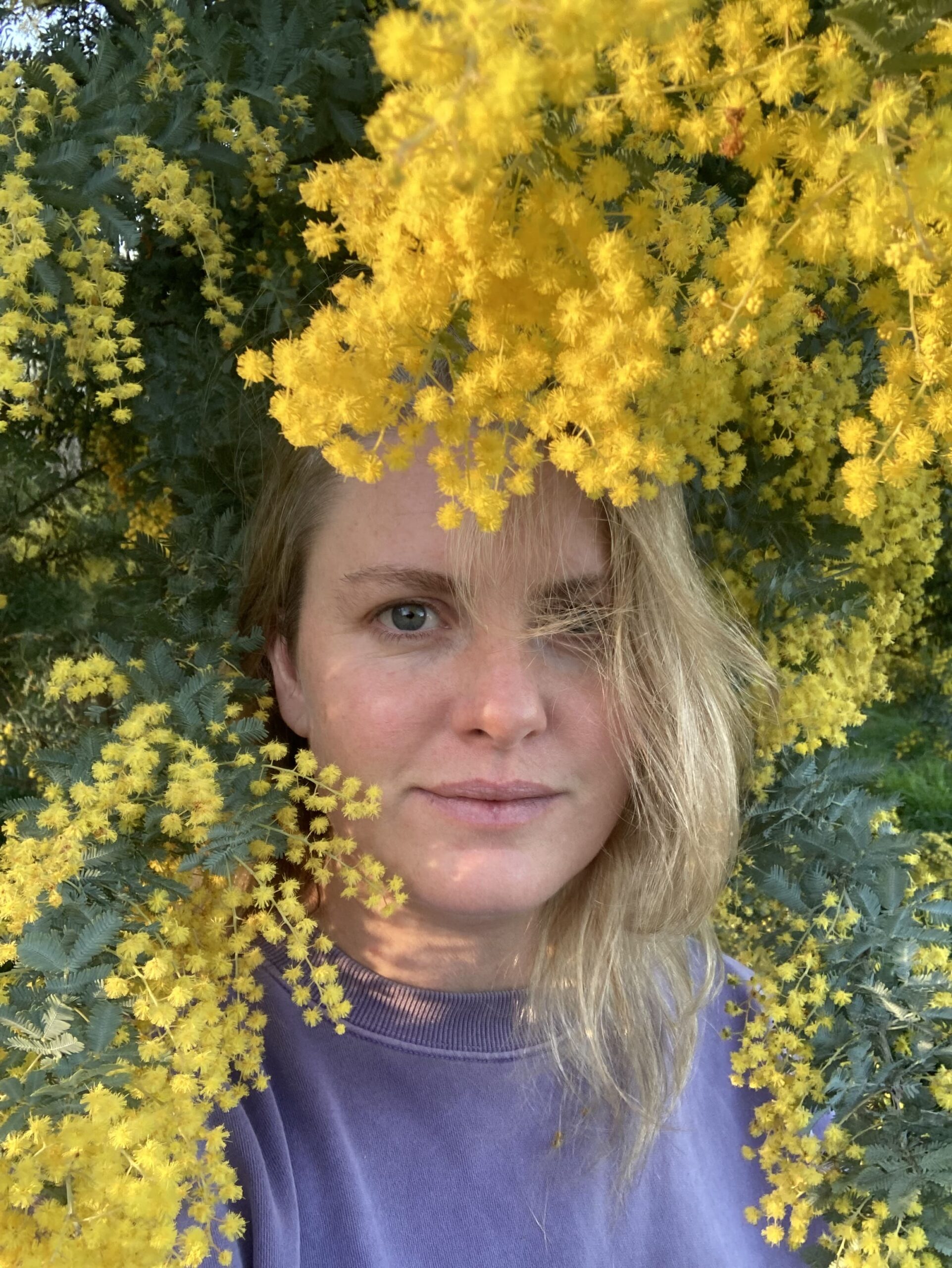 A woman with blonde hair cascading down the left side of her face, with a slight grin on hear face wearing a purple jumper, surrounded by a native yellow wattle bush