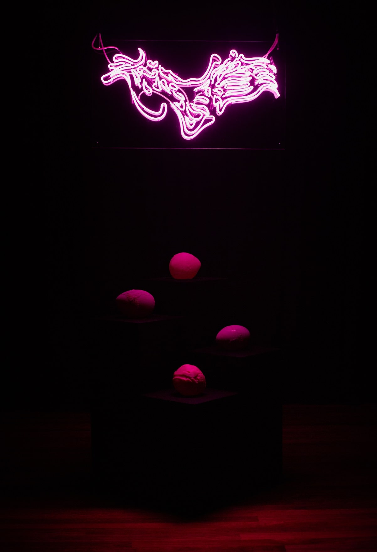 A darkly lit room, with woodeen floor boards and black curtains with four black plinths of different heights centered in the middle with four different bright pink blobs centered on each plinth. Centered above hangs a bright pink neon sign with distored Chinese characters which cast a pink glow over the installation and the space around it.