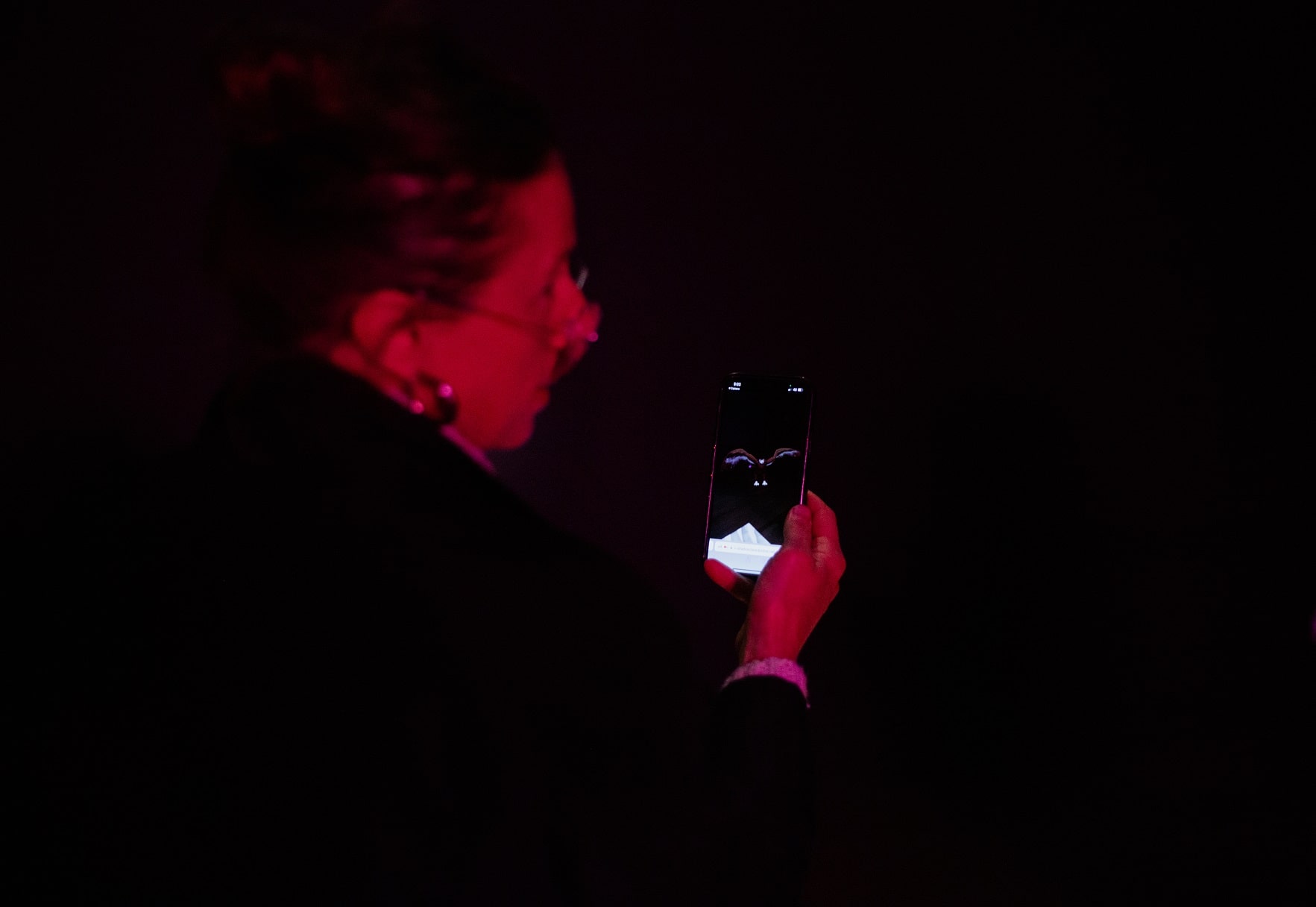 Over the shoulder image of a person in a darkly lit room holding a phone with an Augmented Reality eagle perched on wooden floors iin the screen of the phone.