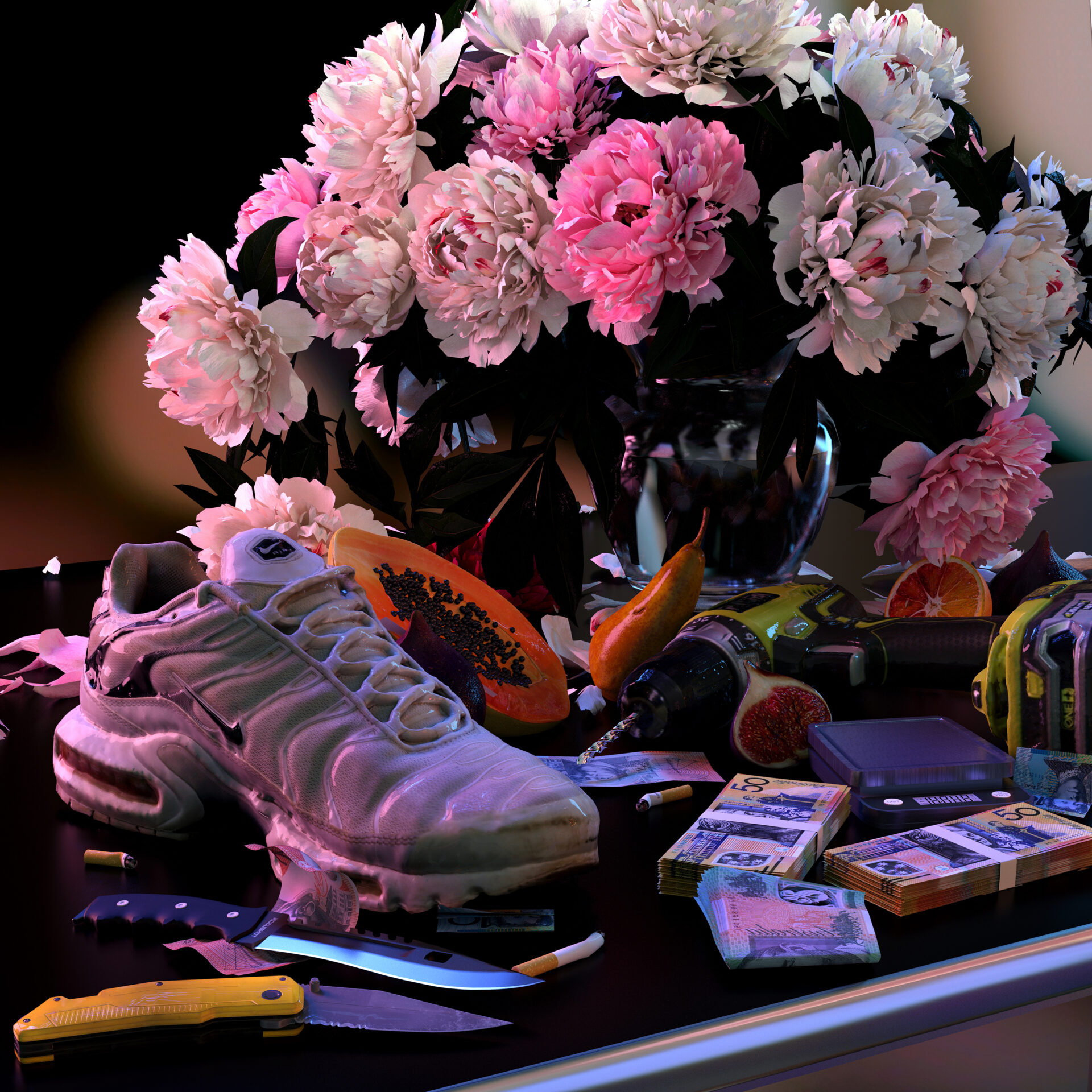 Square digital image of a still life containing objects scattered upon a black table with a metallic steel curved front edge. The image has an out-of-focus black background, dappled with soft off white and unsaturated orange blotches. The lighting in the overall image is darker with a slight pink hue. Two sharp knives, one with a yellow handle and the other with a black handle, lie in the foreground of the artwork in front of a white Nike sneaker. Scattered in the foreground and midground are used cigarettes, two large stacks of Australian fifty dollar notes, folded one-hundred dollar notes and single twenty and ten dollar notes. Half a fig, half a papaya and half an orange sit with a full pear and fig, both in front of and behind small scales and a lime green coloured Ryobi drill which is placed on its side. In the background and taking up a third of the artwork is a reflective rounded vase filled with well-lit white, and varieties of pink peonies and dark foliage.