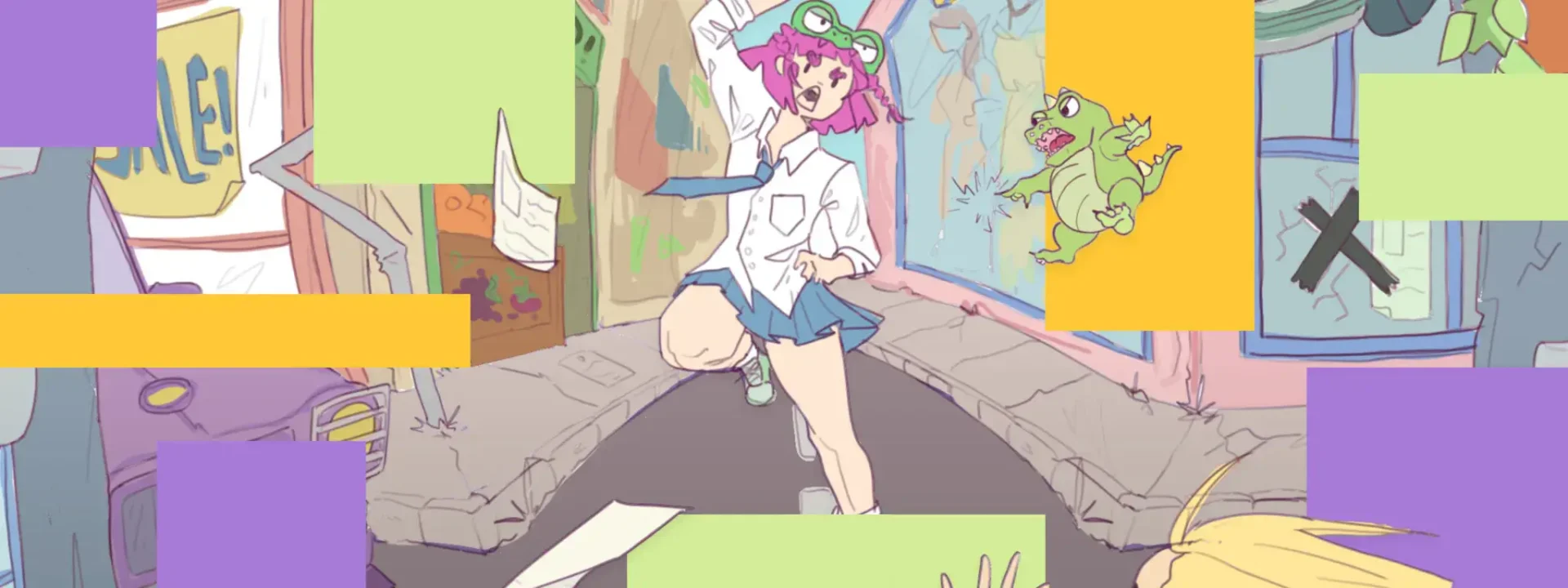 The image shows a cartoon drawing of a character with mid-length pink hair wearing a crocodile hat and school uniform with a white collared shirt, blue skirt and blue tie. The character is positioned in the middle within a street cityscape doing an action pose, next to a small crocodile character on the right. The image is brightly coloured and layered with rectangle shapes in purple, light green and yellow.