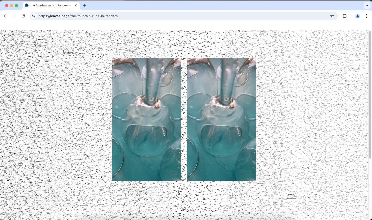 The image is a screenshot of a webpage. The webpage features a central image displayed twice, side by side, showing a close-up of clear, cylindrical glass objects submerged in a pale aqua liquid. The liquid appears to flow from a spout or nozzle into the glass objects, creating a gentle swirl and bubble effect. The background of the webpage is a textured white surface covered with small, scattered, black, wave-like patterns. At the top center of the page, there's the word 