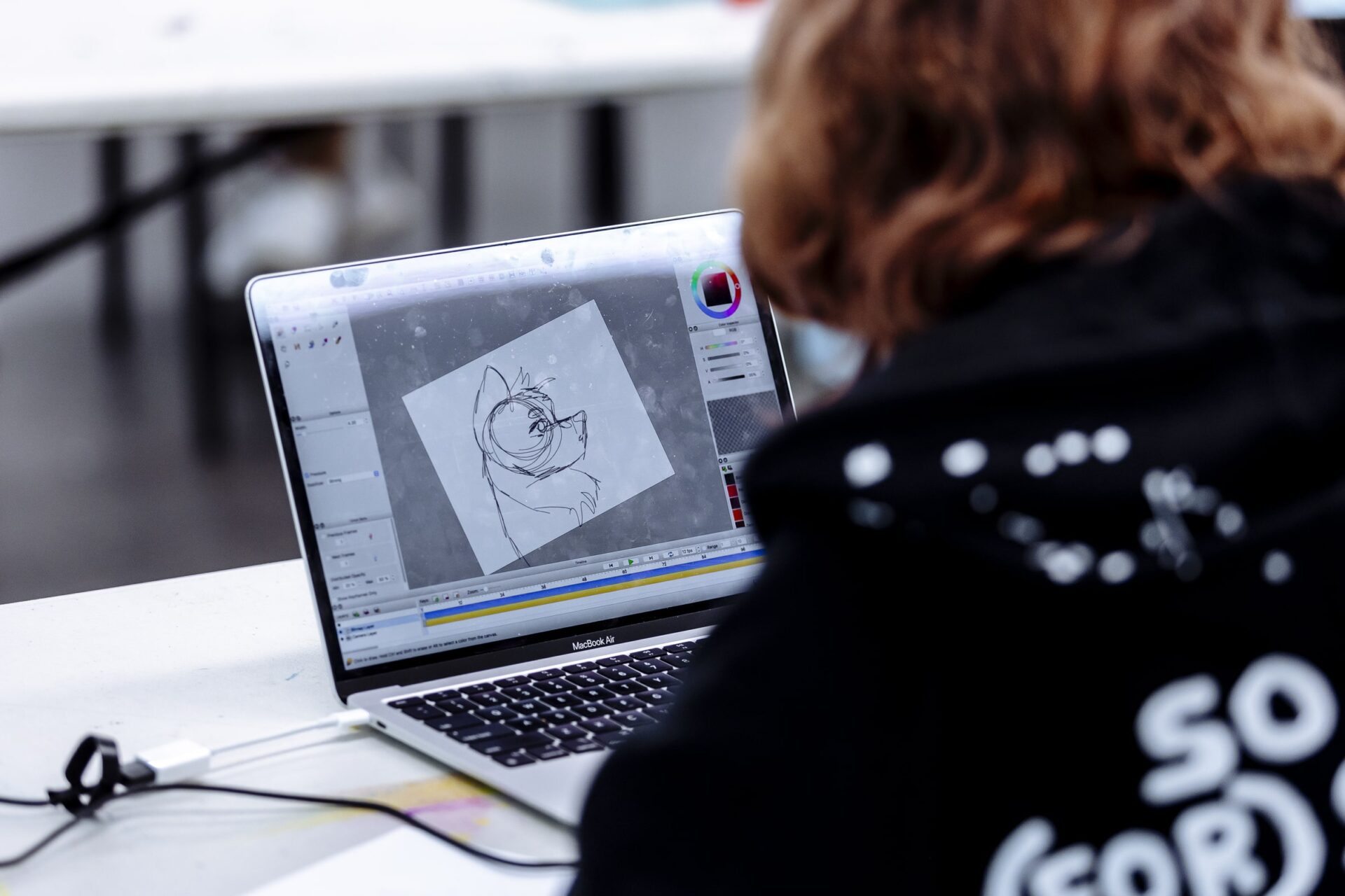 Blurred in the right-hand side of the foreground is a student with a black hoodie and wavy red hair with their back to the camera. In focus is a MacBook Air which the student is working on. A sketch of a fox-like creature is central on the screen where the student is selecting the colour red from the drawing program's colour palette.